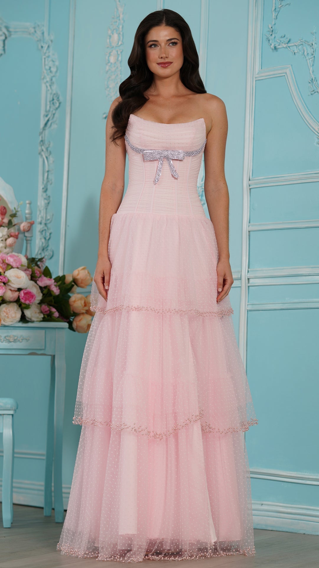 Strapless Straight Neck Floor-Length Tulle Formal A-Line Colors 4175