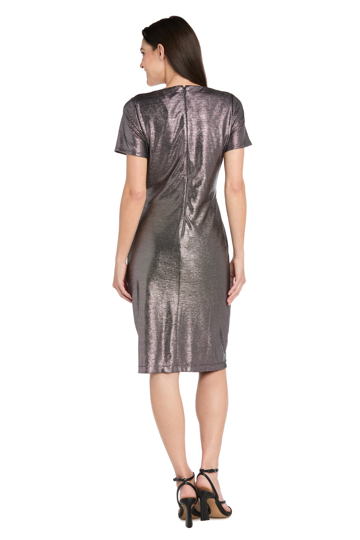 V-Neck Knee-Length Metallic Cocktail Dress by R&M Richards 4177 in Black/Silver