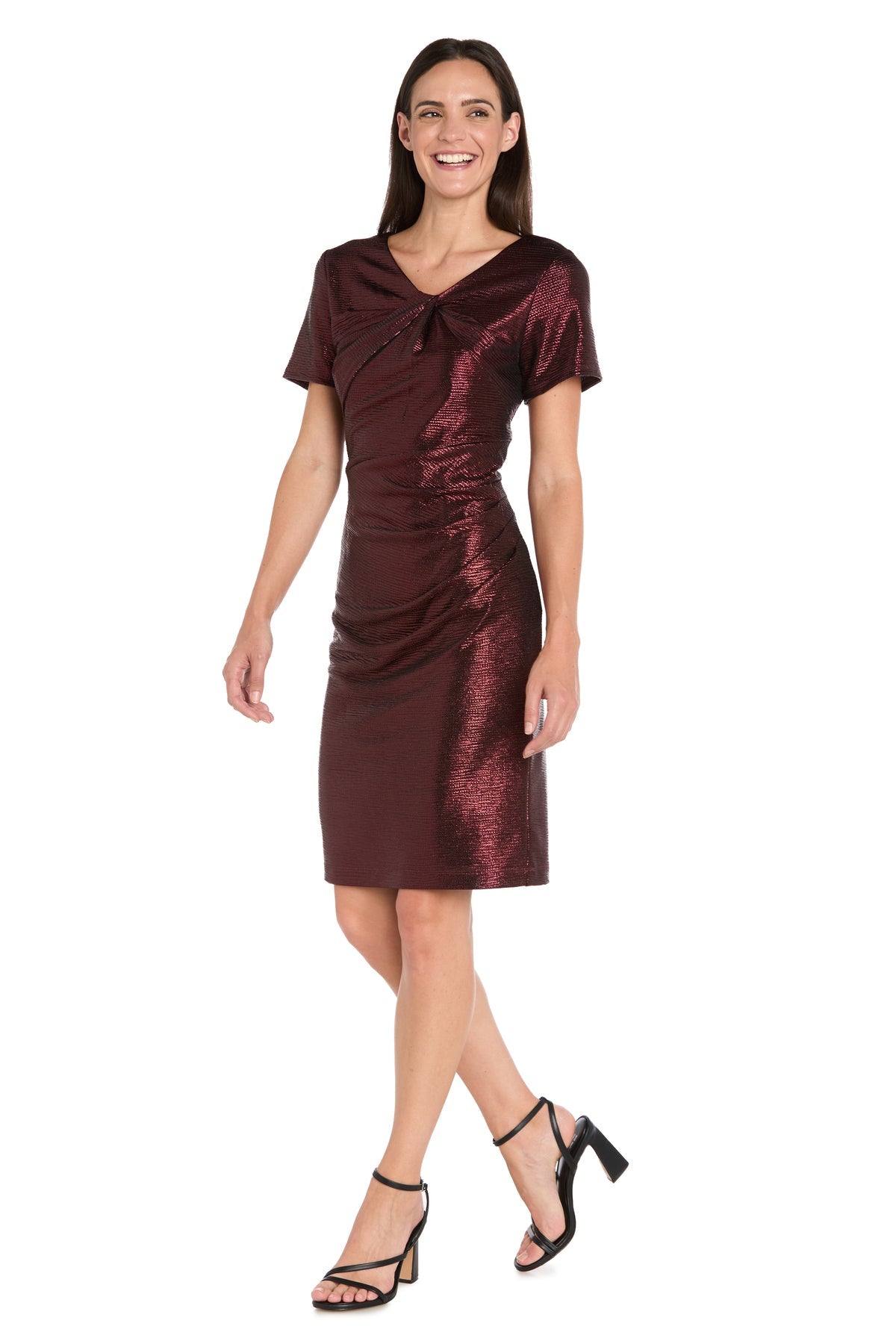 V-Neck Knee-Length Metallic Cocktail Dress by R&M Richards 4177 in Wine