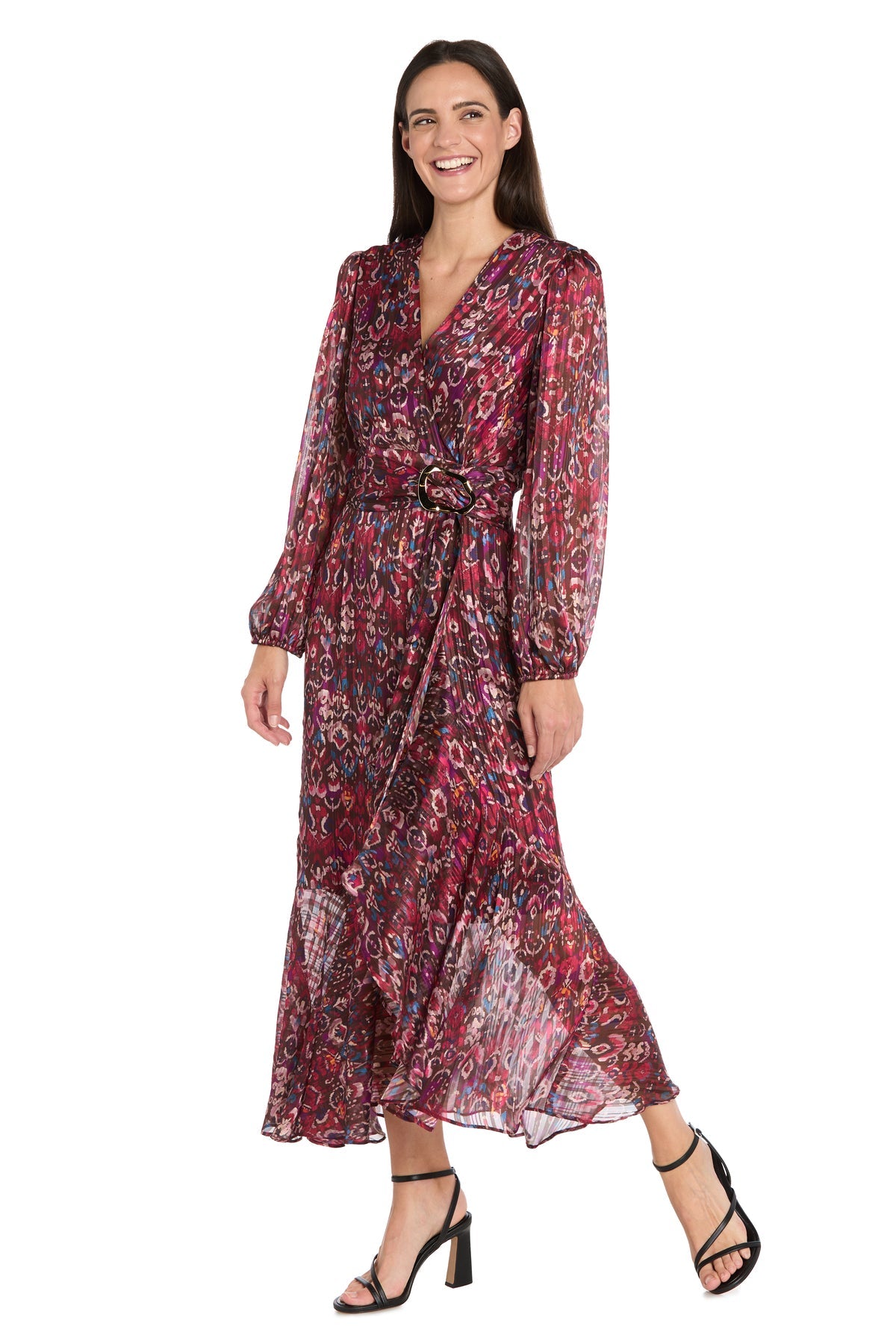Prom Dresses Long Sleeve Print Midi Tea Length Cocktail Dress Berry