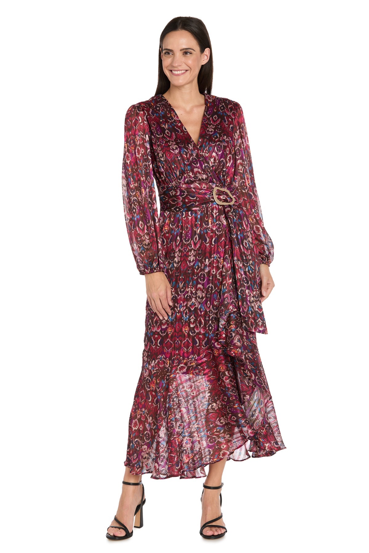 Prom Dresses Long Sleeve Print Midi Tea Length Cocktail Dress Berry