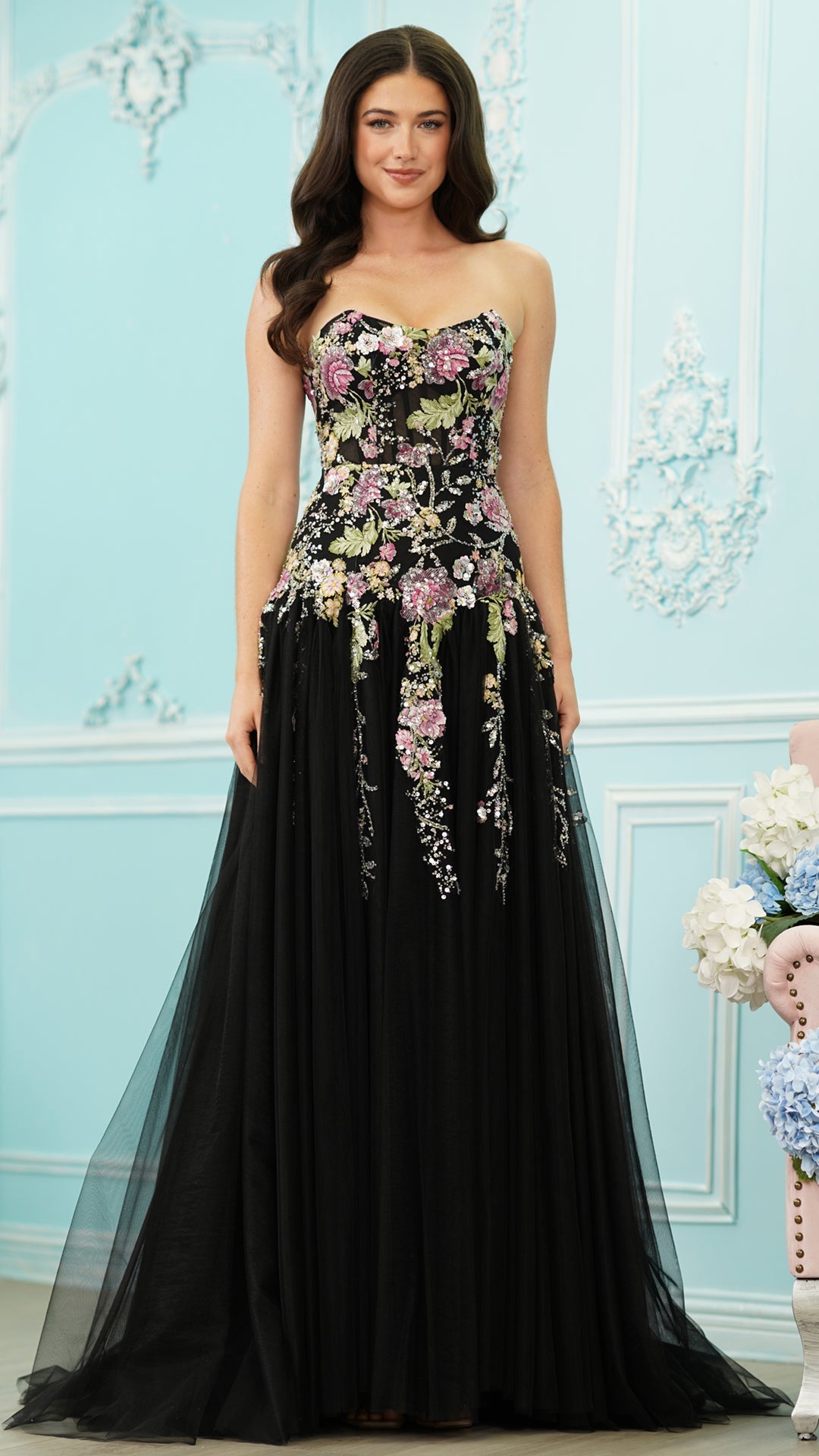 Strapless Curved Neck Floor-Length Tulle Formal A-Line Colors 4199