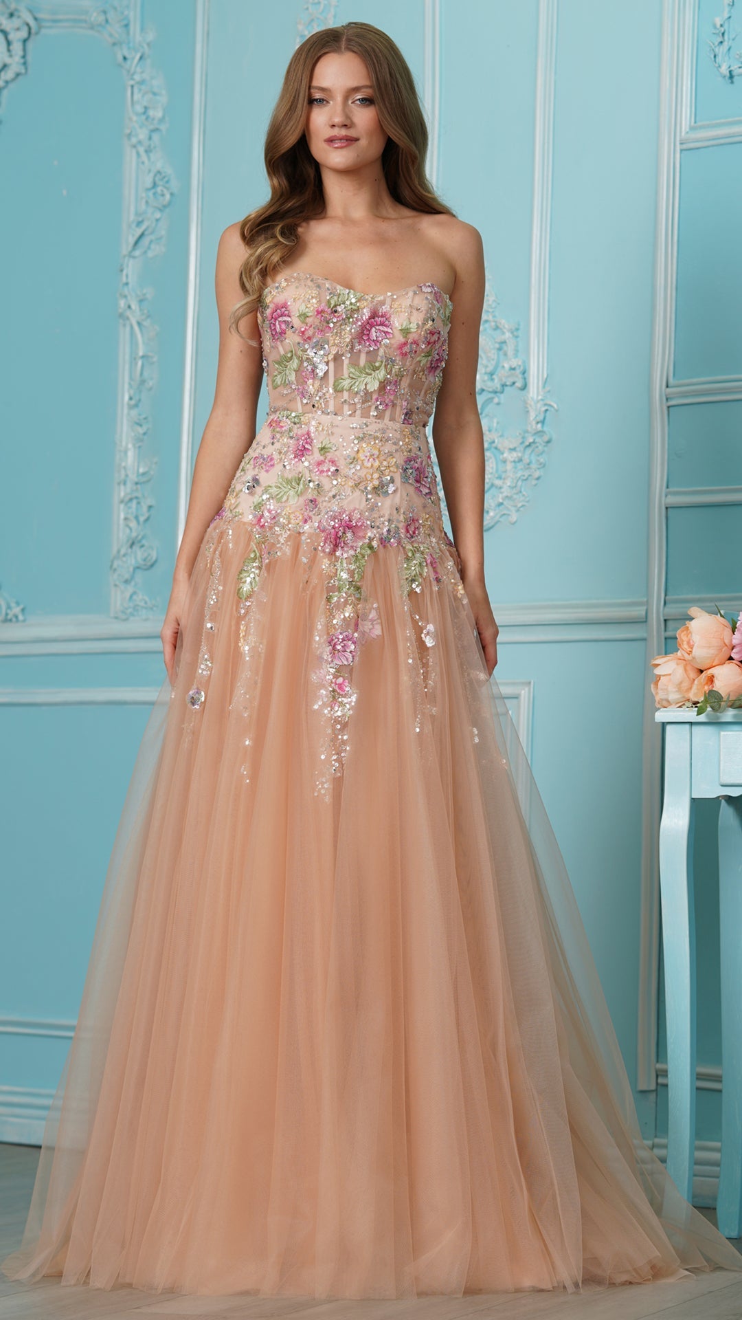 Strapless Curved Neck Floor-Length Tulle Formal A-Line Colors 4199