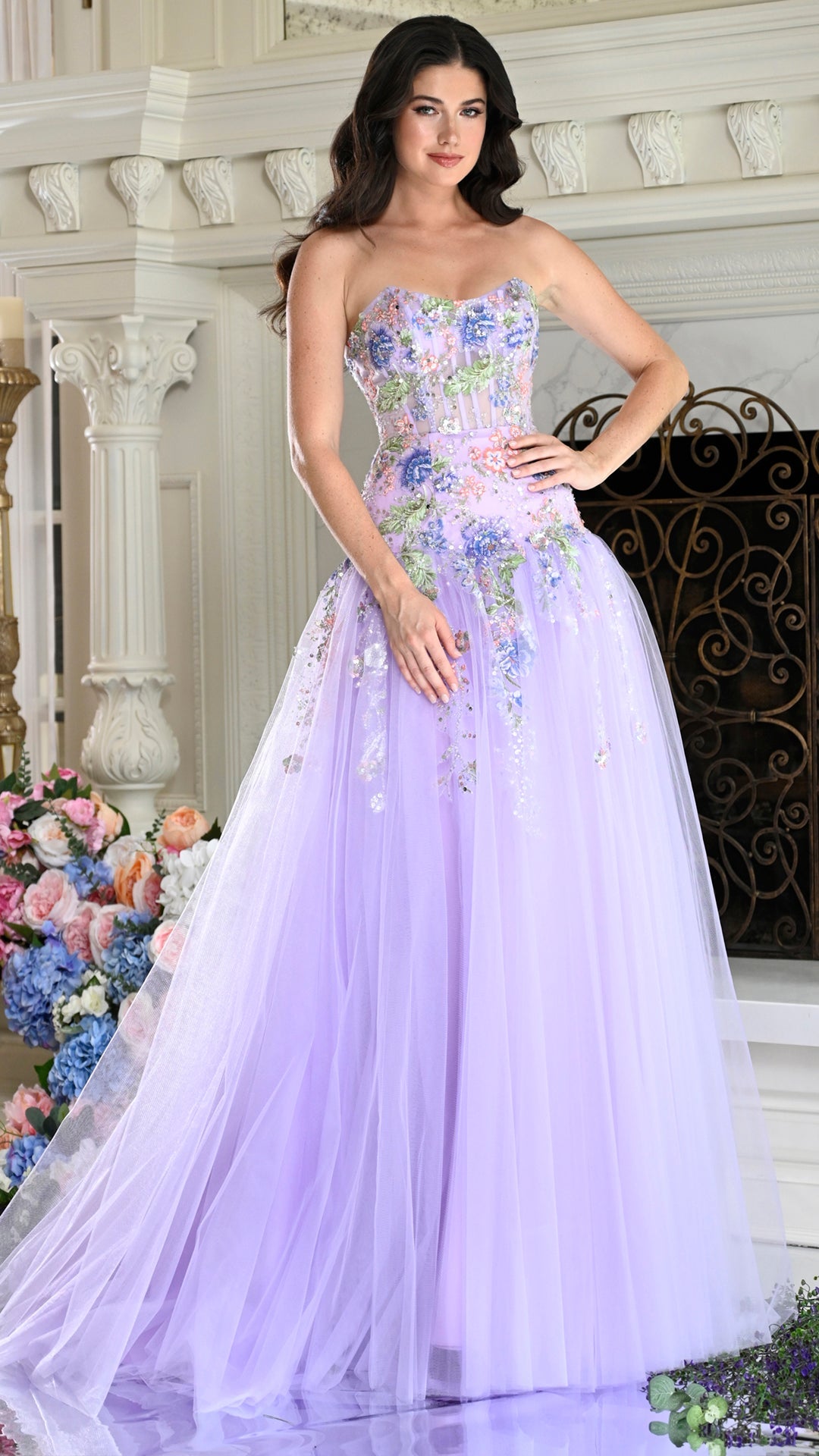 Strapless Curved Neck Floor-Length Tulle Formal A-Line Colors 4199