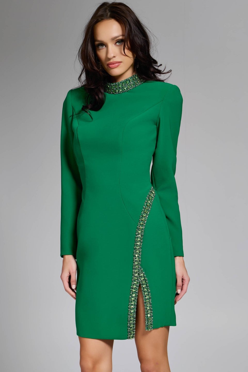 Emerald High Neck Long Sleeve Crepe Cocktail Dress Crystal Slit Gown Jovani 42008