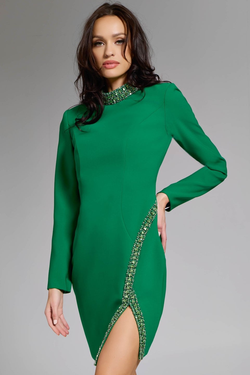 Emerald High Neck Long Sleeve Crepe Cocktail Dress Crystal Slit Gown Jovani 42008