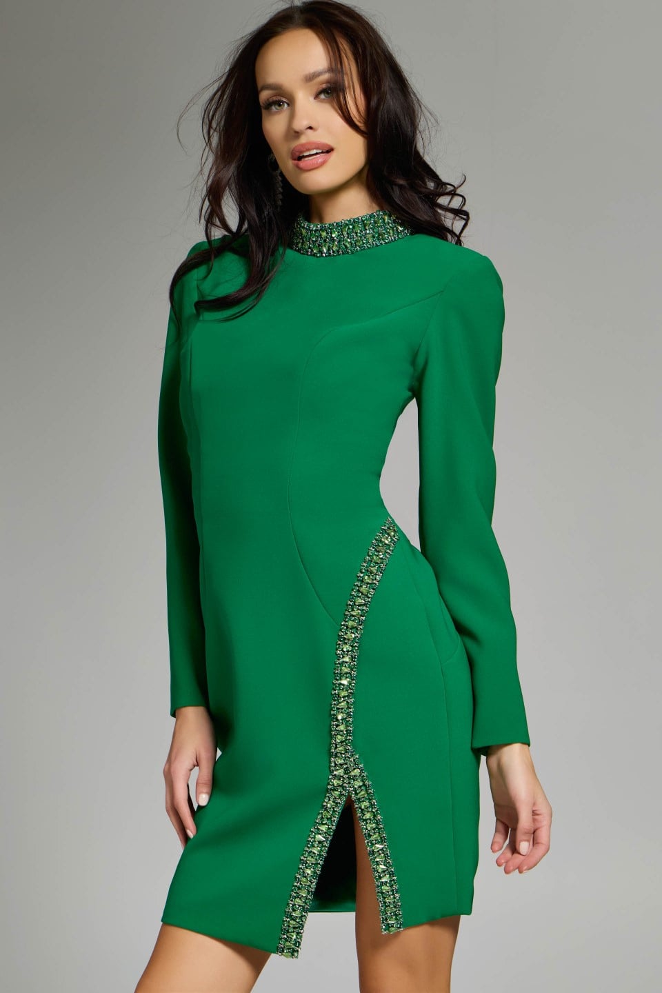 Emerald High Neck Long Sleeve Crepe Cocktail Dress Crystal Slit Gown Jovani 42008