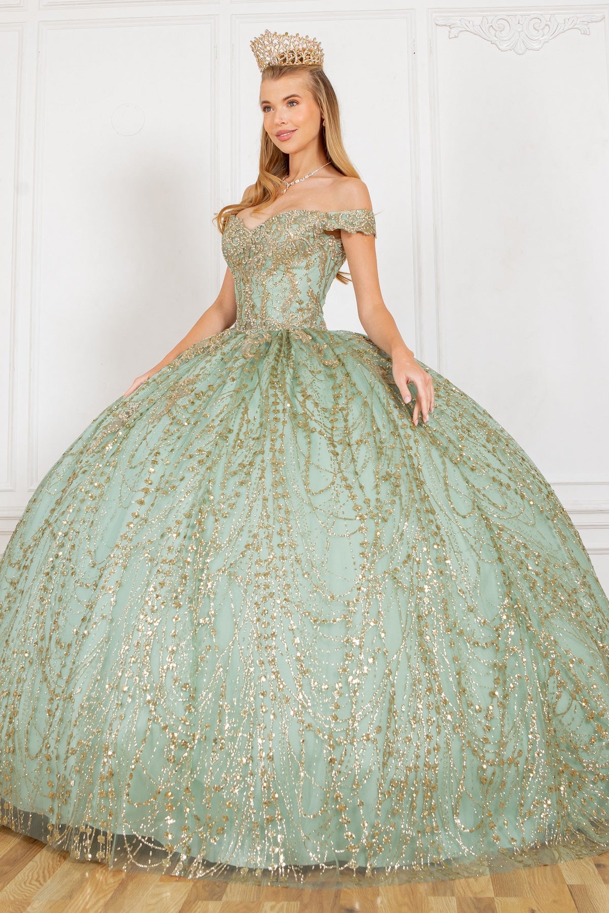 Quinceanera Dress Long Off Shoulder Ball Gown Quinceanera Cape Dress Sage