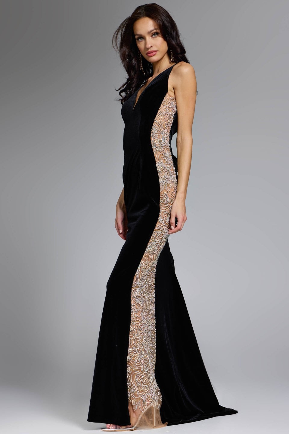 Black V Neck Floor-Length Velvet Prom Gown with Beaded Side Detail Formal Dress Jovani 42026