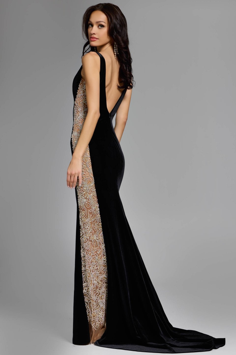 Black V Neck Floor-Length Velvet Prom Gown with Beaded Side Detail Formal Dress Jovani 42026