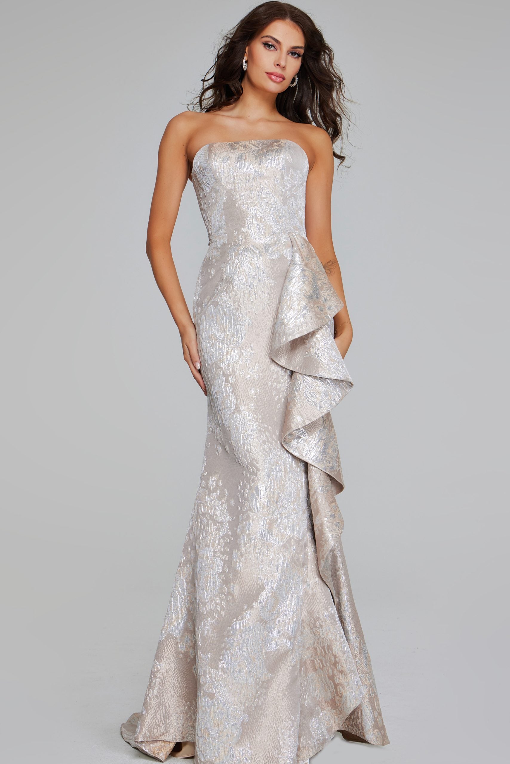 Formal Dresses Long Metallic Ruffle Formal Prom Dress Jovani 42028 Champagne/Silver