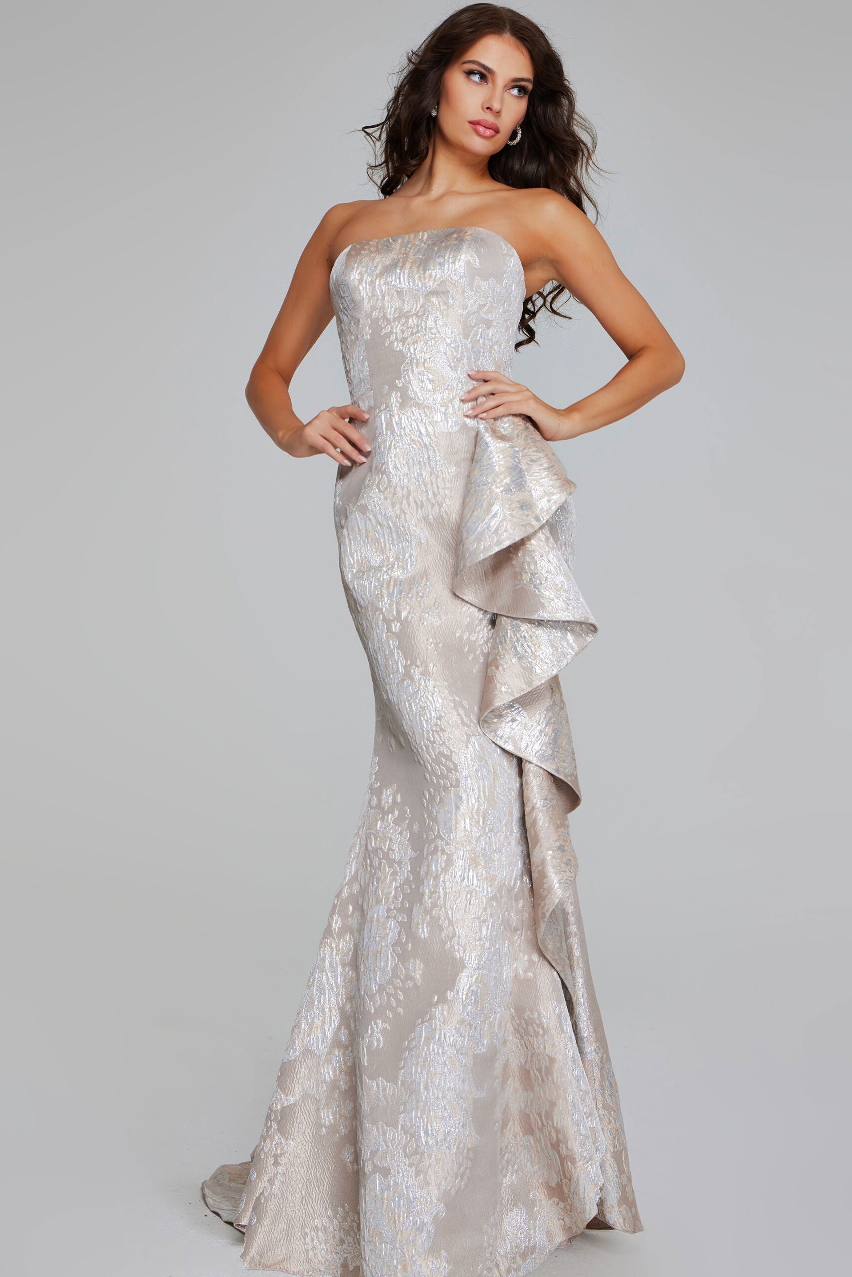 Formal Dresses Long Metallic Ruffle Formal Prom Dress Jovani 42028 Champagne/Silver