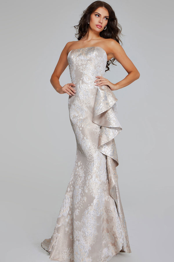 Long Metallic Ruffle Formal Prom Dress Jovani 42028