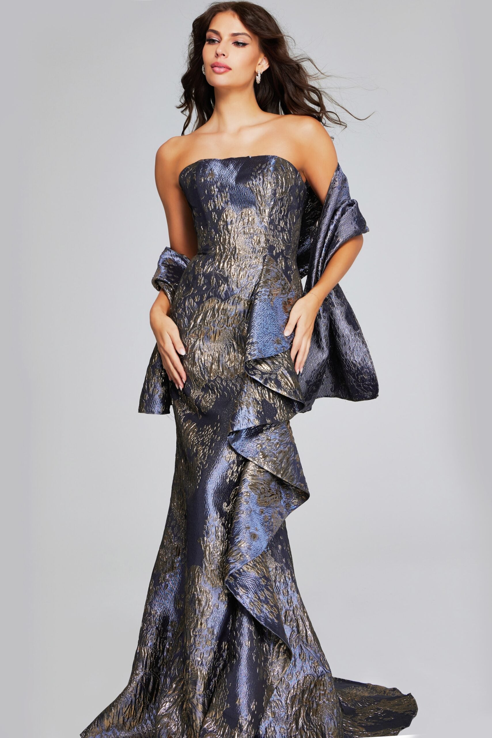 Formal Dresses Long Metallic Ruffle Formal Prom Dress Jovani 42028 Gunmetal/Gold