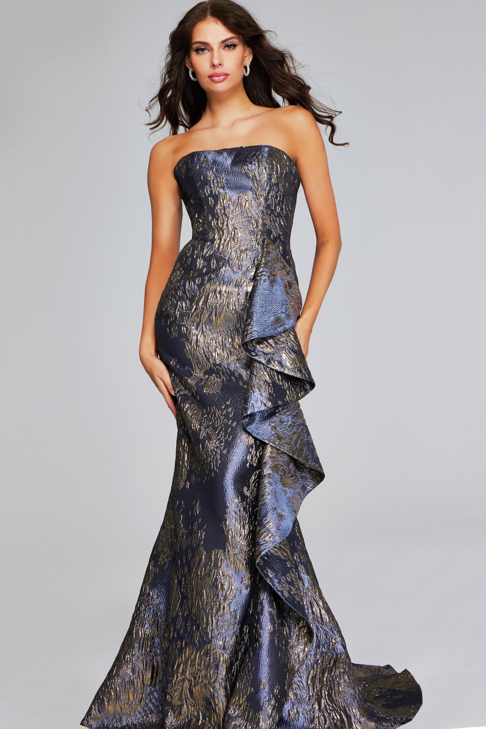 Formal Dresses Long Metallic Ruffle Formal Prom Dress Jovani 42028 Gunmetal/Gold