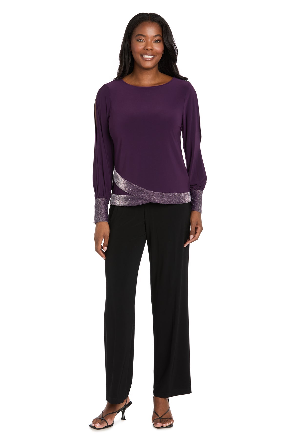 Crew Neck Long Sleeve Formal Top by R&M Richards 4216 in Plum