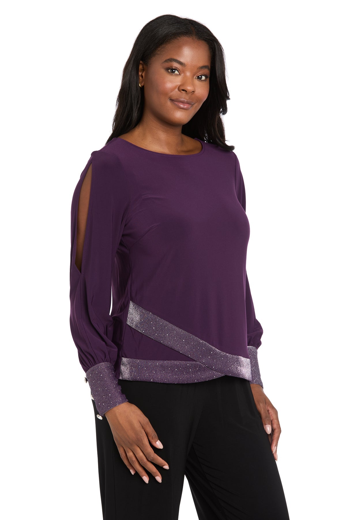 Crew Neck Long Sleeve Formal Top by R&M Richards 4216 in Plum