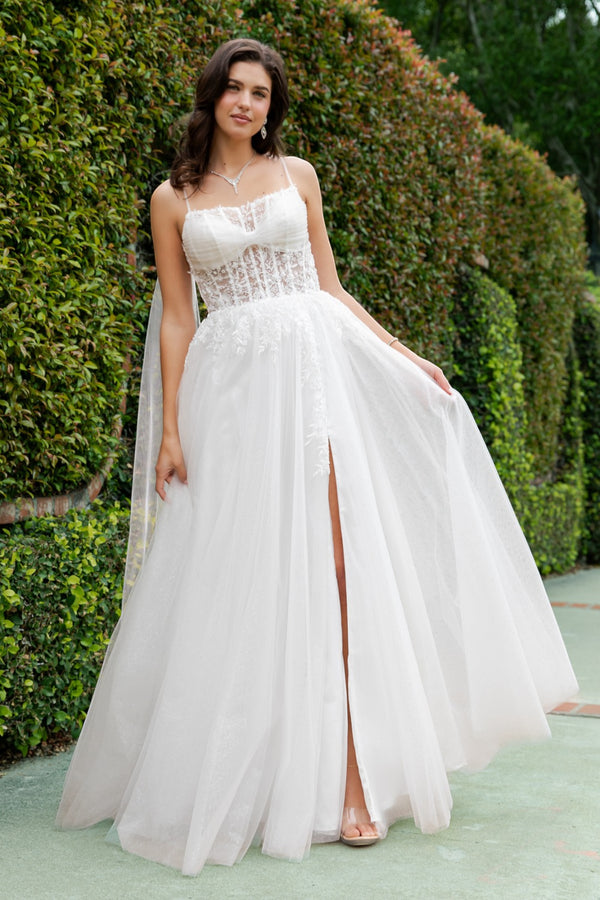 cinderella dress in white Satin Pleated Neckline A-Line Bridal Gown by Divine 7481W Ethereal off Cinderella White Butterfly Appliques Prom