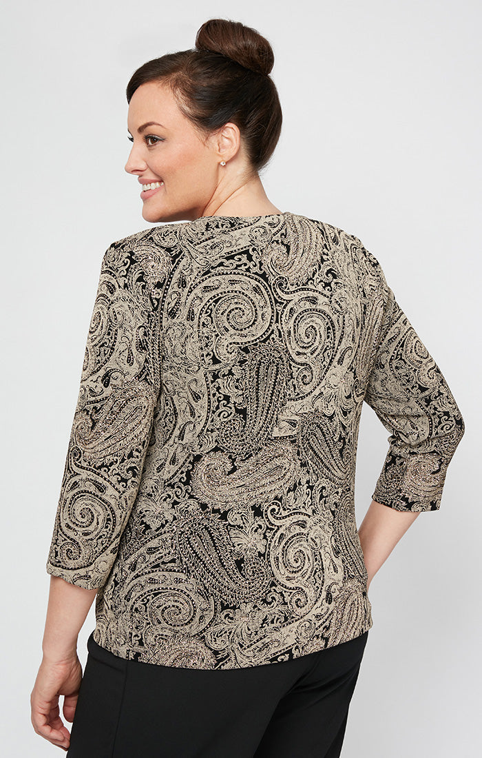 Black Stone Top Square Neck Hip Length Printed Fabric Evening Embroidered Alex Evenings 4220101