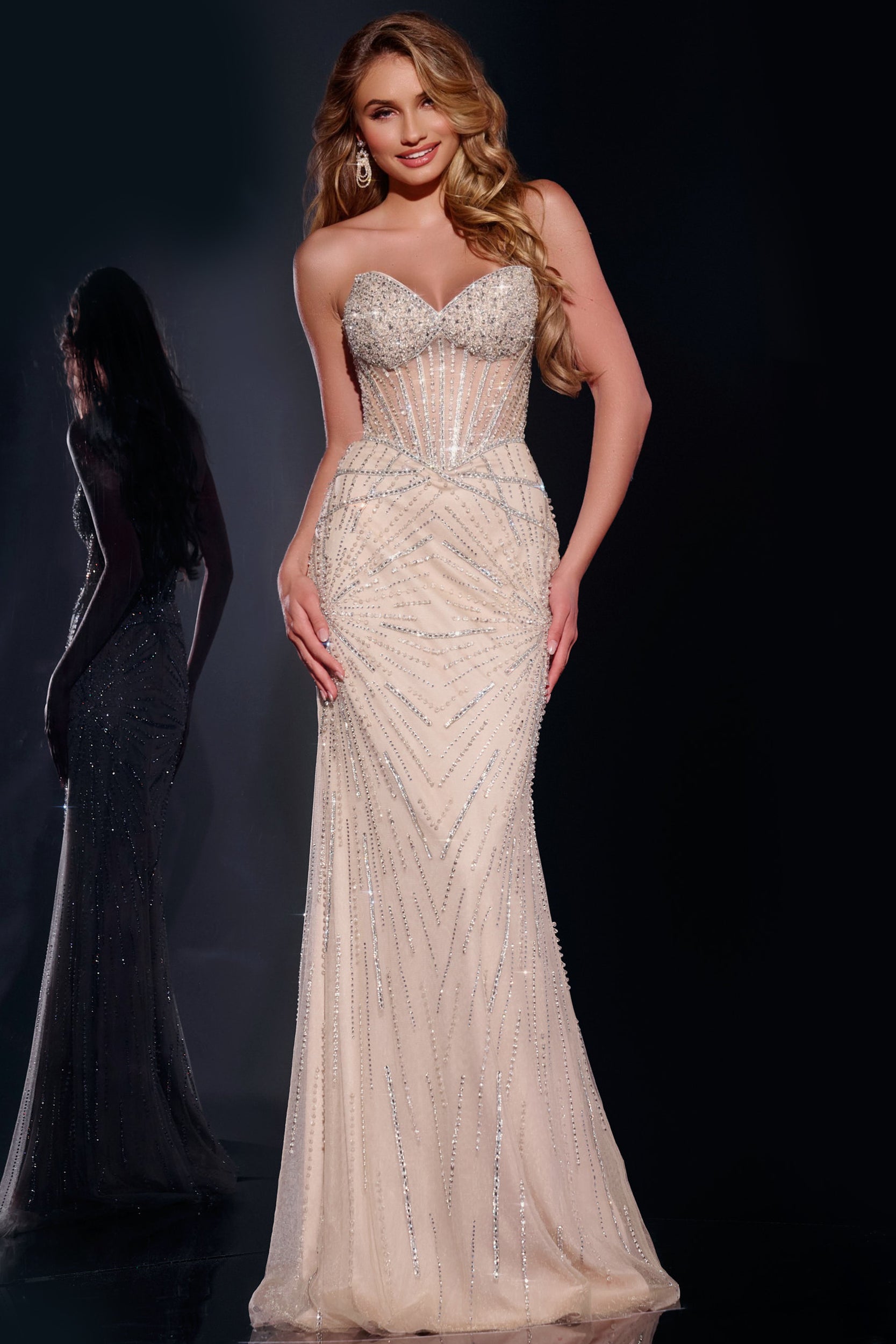 Prom Dresses Beaded Mermaid Long Formal Evening Prom Dress Silver/Nude