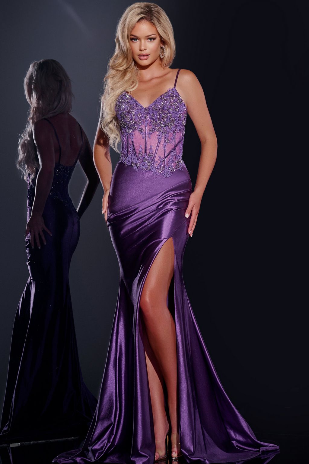 Prom Dresses Long Fitted Formal Beaded Applique Slit Prom Dress Purple
