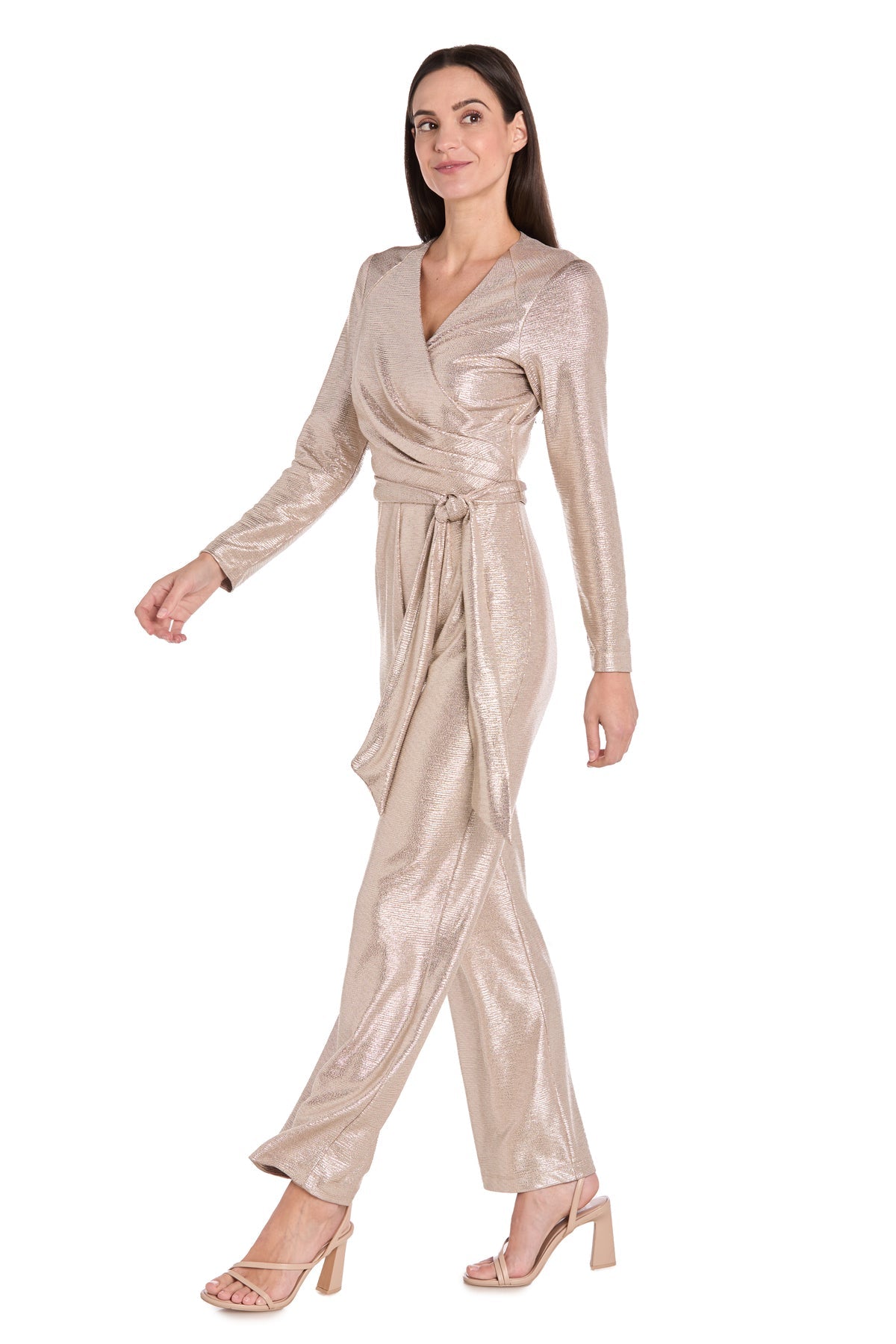 Jumpsuit Long Pleated Formal Metallic Jumpsuit Mocha