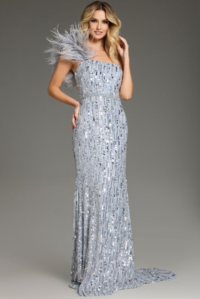 Prom Dresses Long Sequined Formal Fitted Feather Prom Dress Light Blue