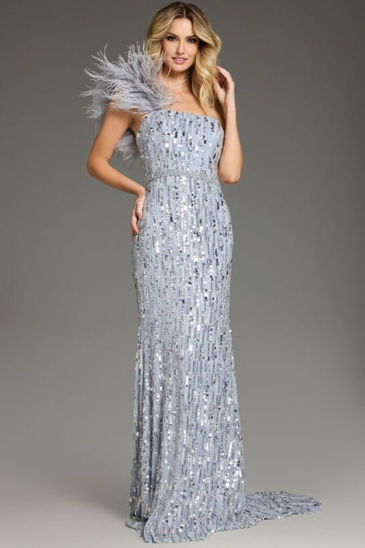 Prom Dresses Long Sequined Formal Fitted Feather Prom Dress Light Blue