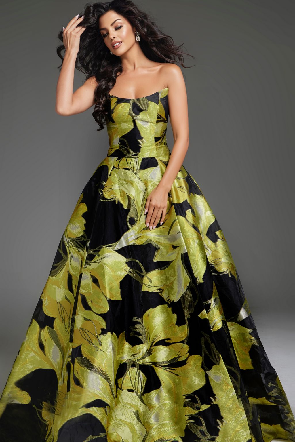 Prom Dresses Long A Line Floral Print Formal Prom Dress Yellow/Black