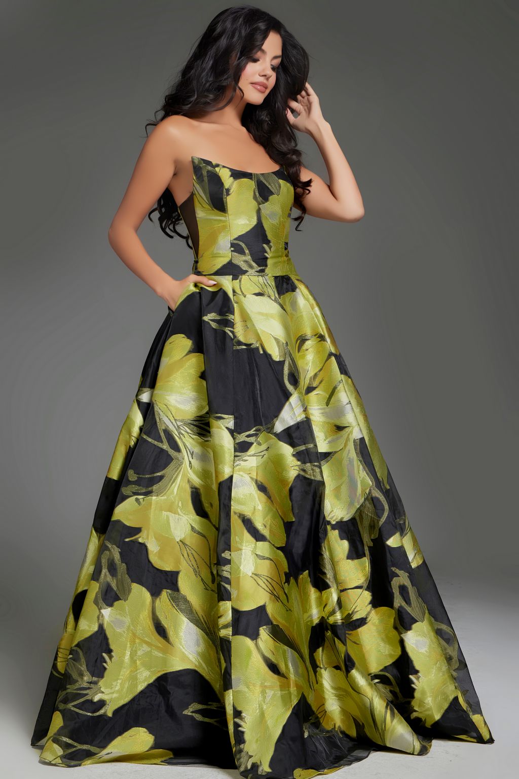 black prom dress with yellow flowers Adora Design 3137 A Line Glitter Floral Print Long Prom Dress