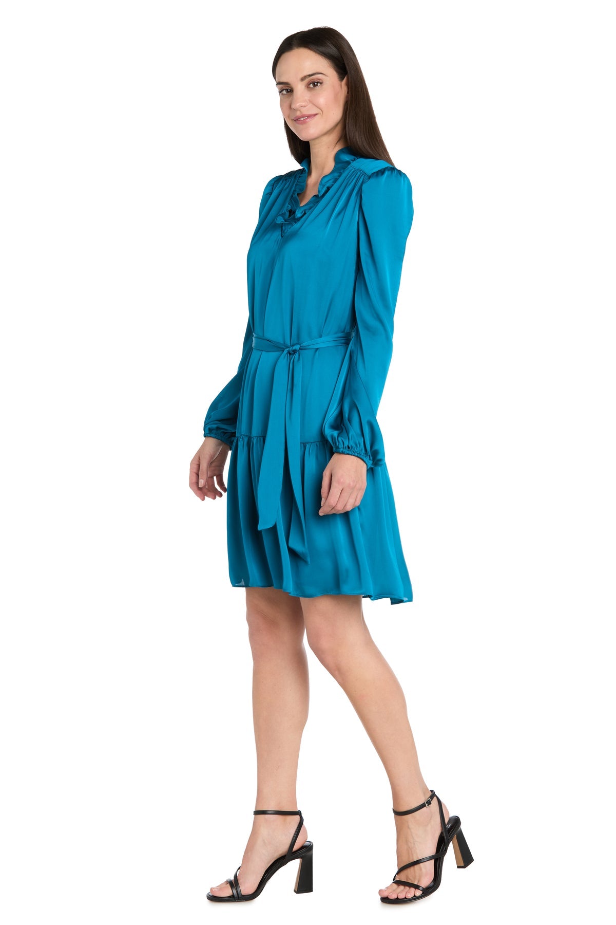 Ruffled Neckline Short Satin Cocktail Dress by R&M Richards 4246 in Teal