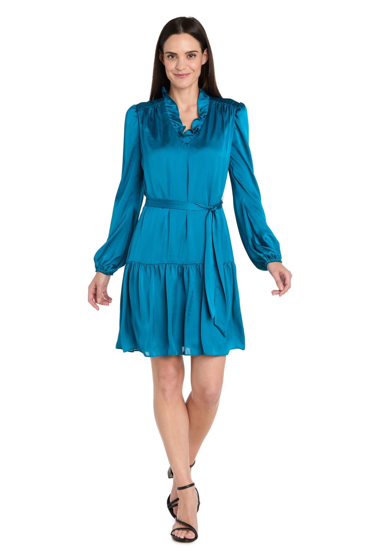 Ruffled Neckline Short Satin Cocktail Dress by R&M Richards 4246 in Teal