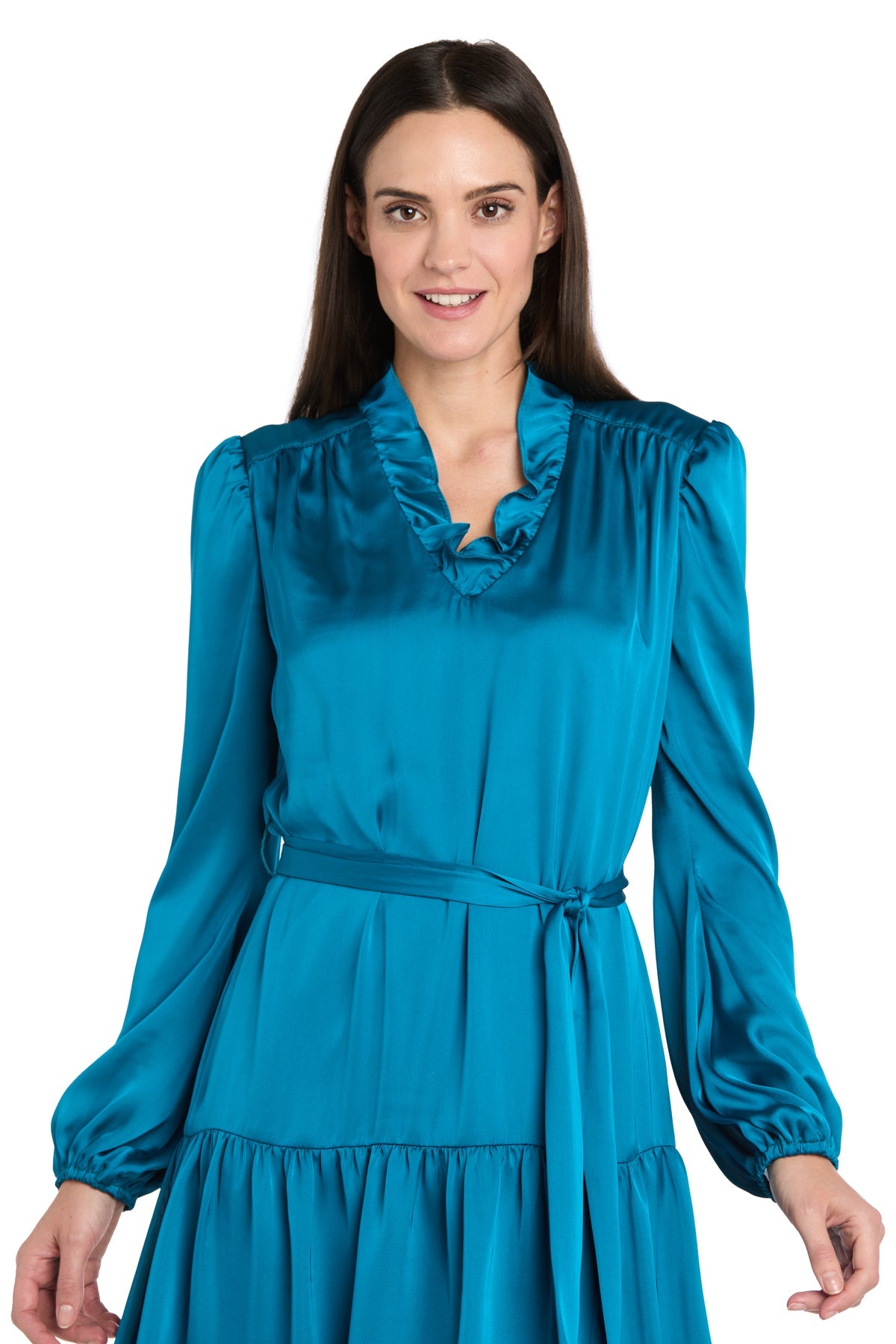 Ruffle V-Neck Short Satin Cocktail Dress by R&M Richards 4246P in Teal
