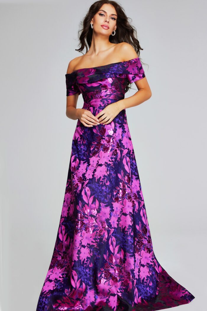 Jovani 42506 A Line Long Formal Floral Metallic Evening Dress