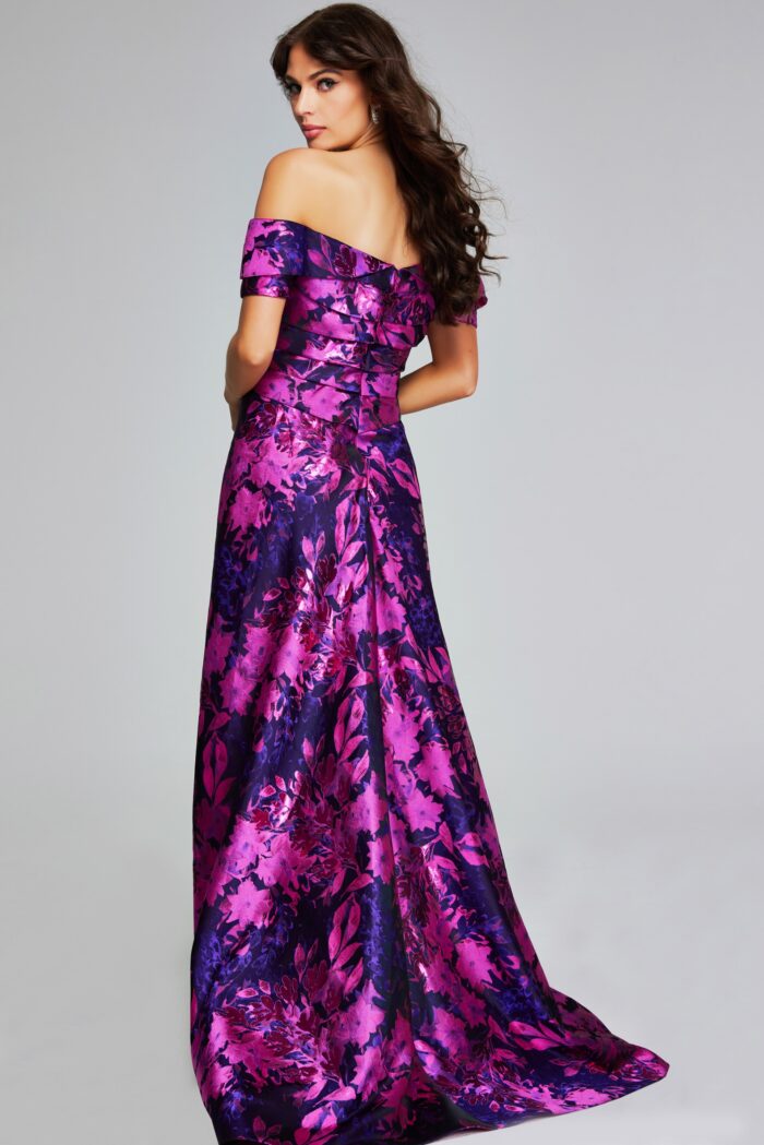 Jovani 42506 A Line Long Formal Floral Metallic Evening Dress