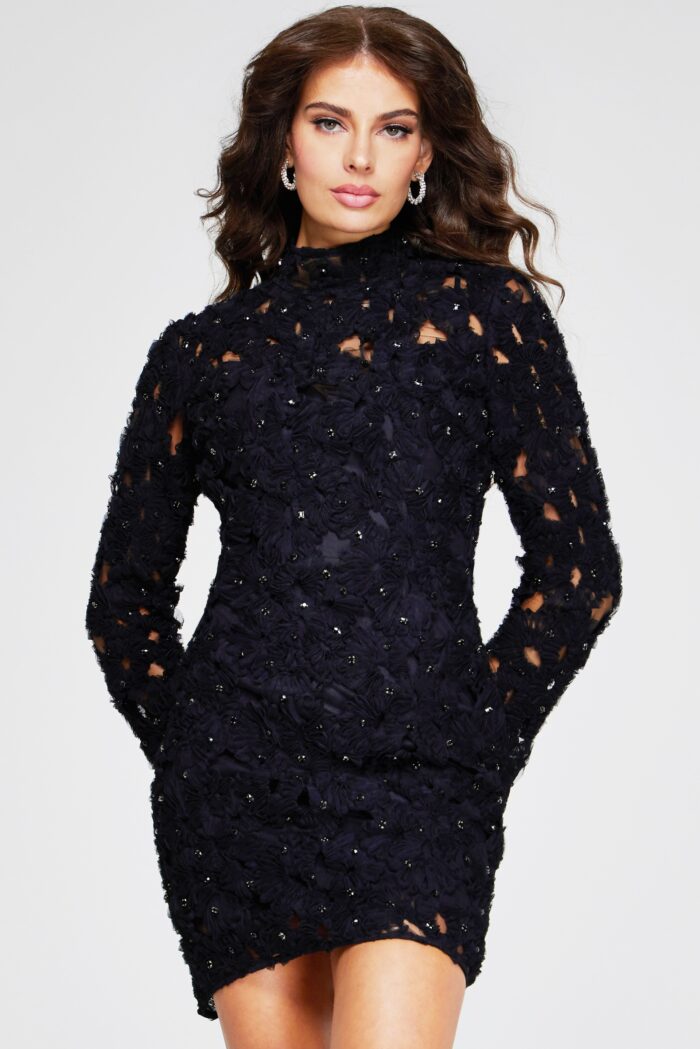 Jovani 42576 Beaded Long Sleeve Fitted Floral Lace Mini Dress