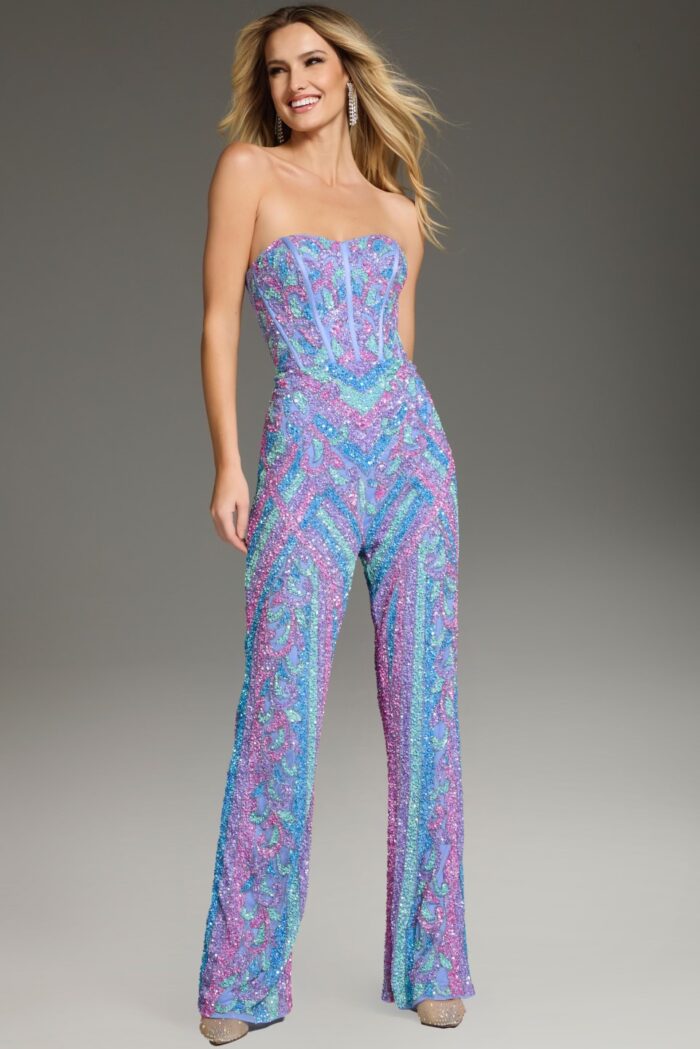 Jumpsuit Long Sequin Bodice Formal Jumpsuit Perriwinkle/Multi