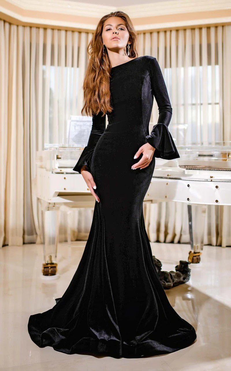 Deep V-Back Long Formal Dress with Long Bell Sleeves Black / 3XLarge