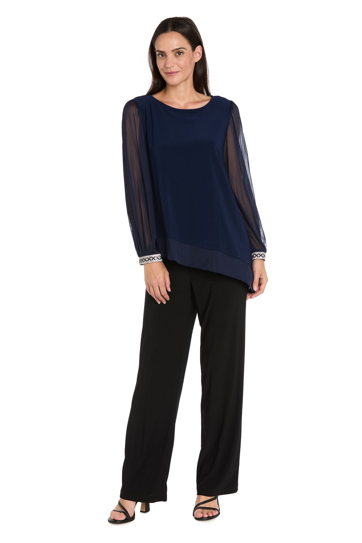 Round Neck Long Sleeve Asymmetric Top by R&M Richards 4273 in Navy