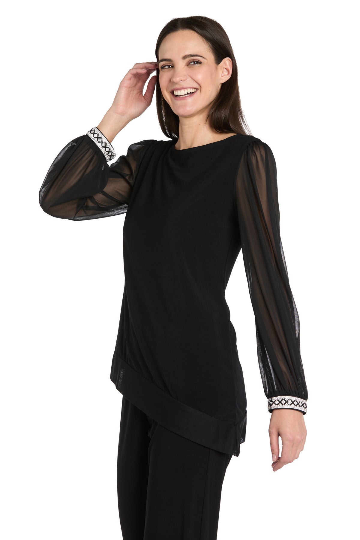 Round Neck Long Sleeve Asymmetric Top by R&M Richards 4273 in Black