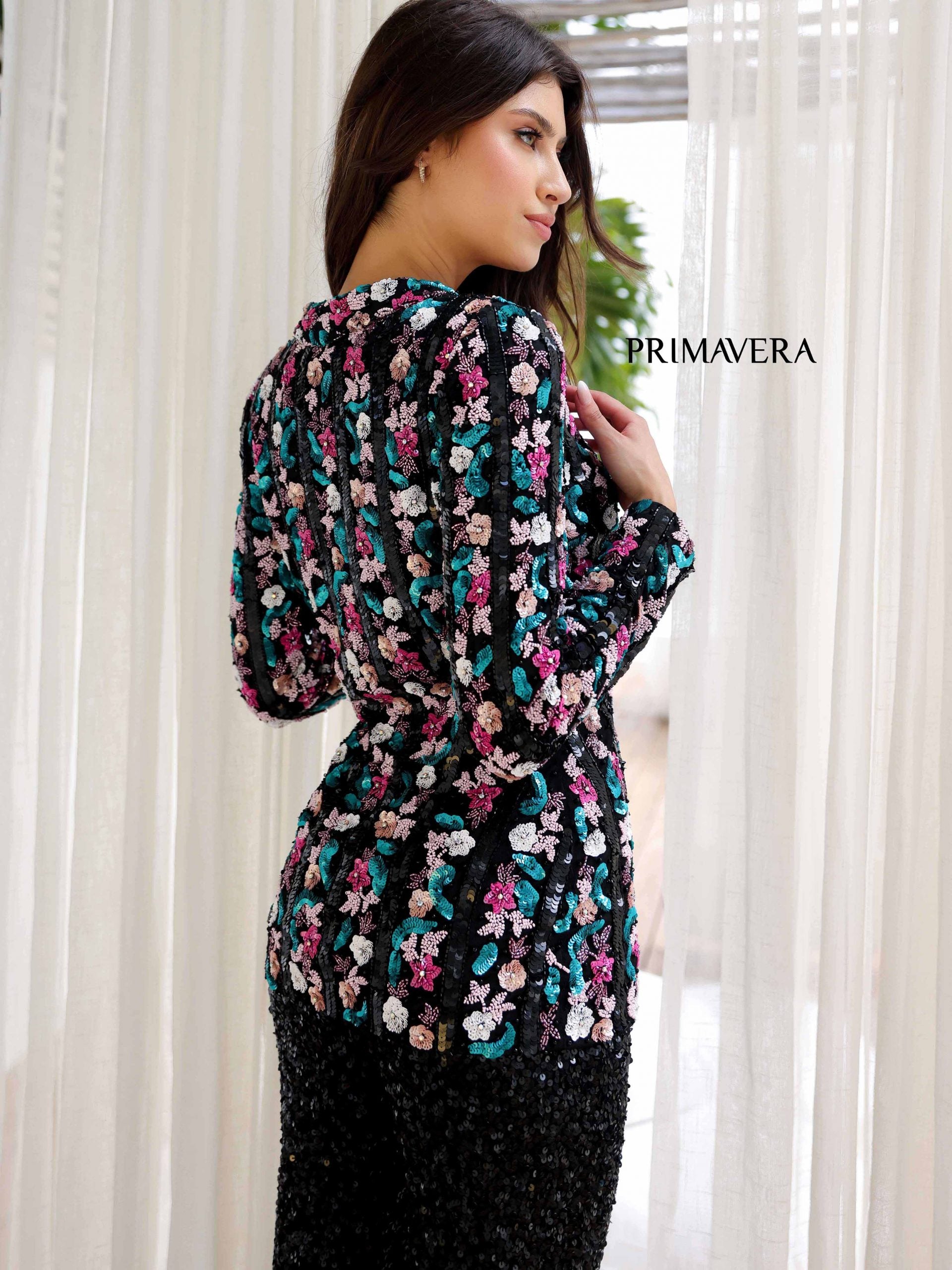 Pant Suit Floral Sequin Long Sleeve Jacket Pant Suit Set Black Multi