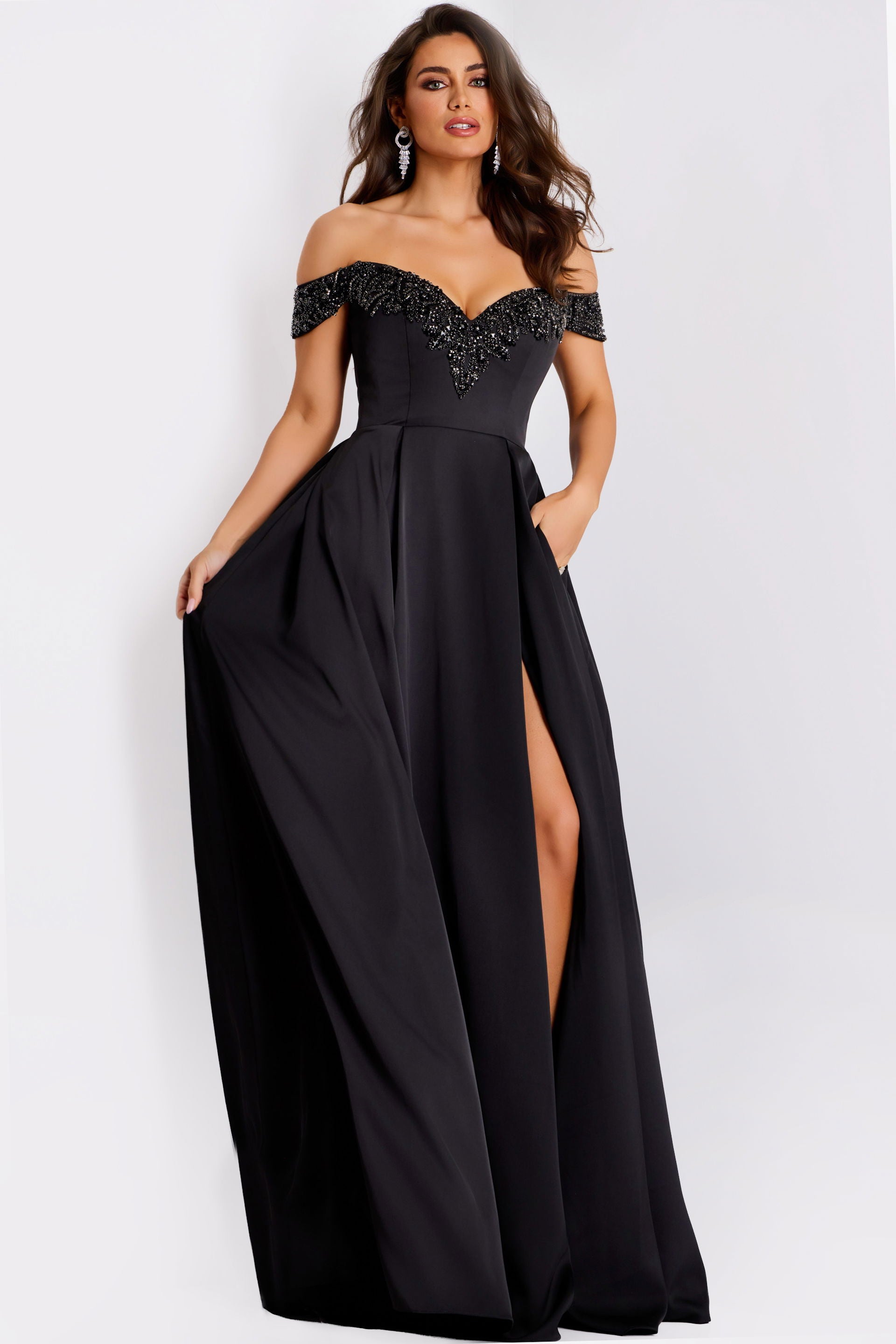 Prom Dresses A Line Long Formal Beaded Slit Evening Prom Dress Jovani 42849 Black