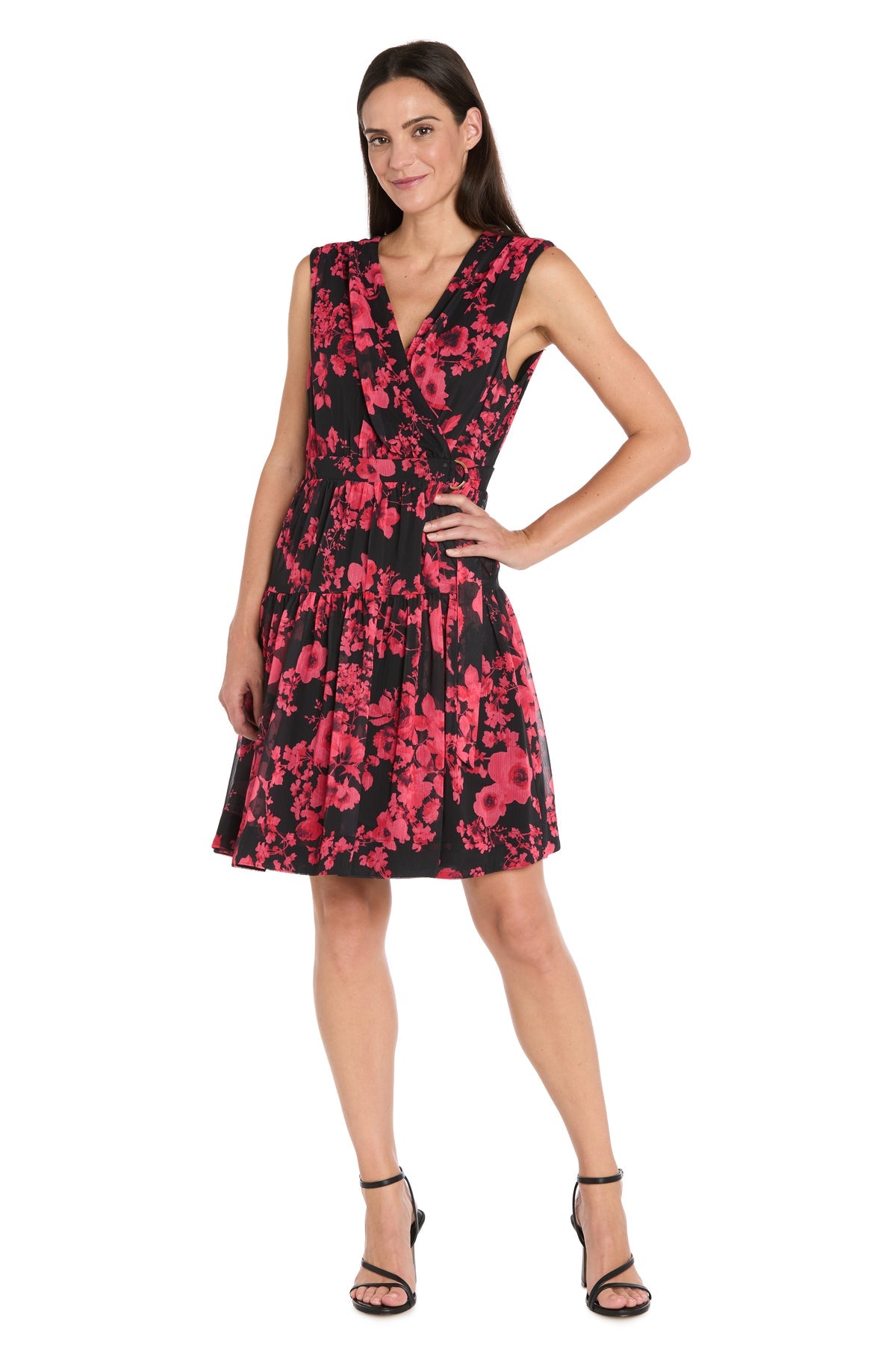 V-Neck Short Floral Cocktail Dress by R&M Richards 4299 in Black/Red