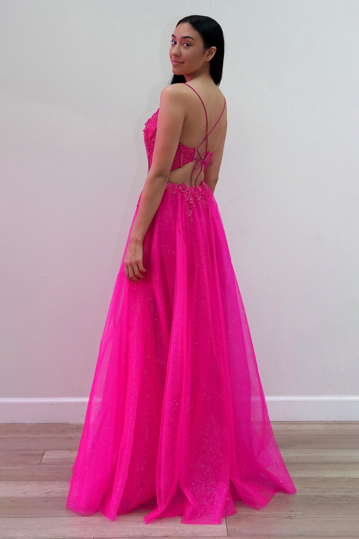 Fuchsia V-Neck Floor-Length Tulle Gown with Sheer Corset Detailing – Formal Gown Juliet JT2618U