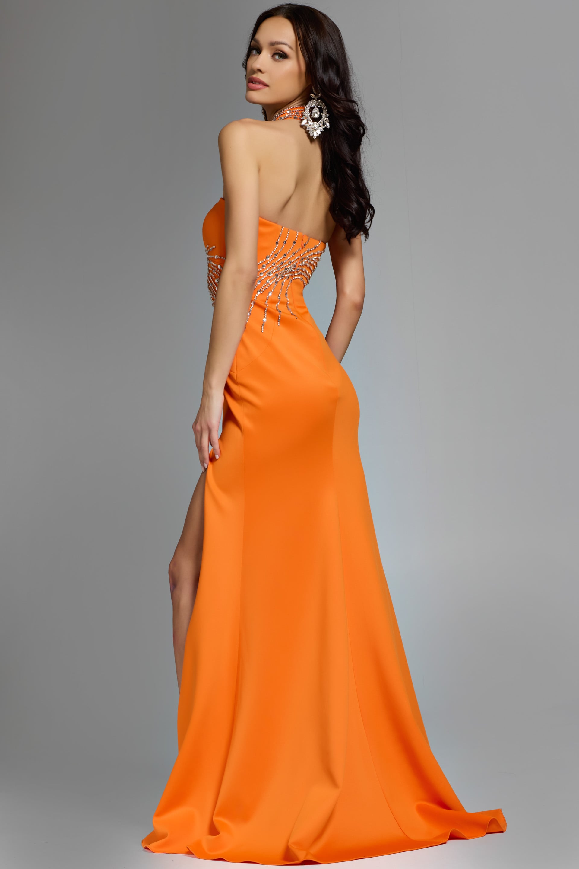 Orange Halter Floor-Length Satin Prom Gown with Beaded Detail and High Slit Formal Dress Jovani 43018