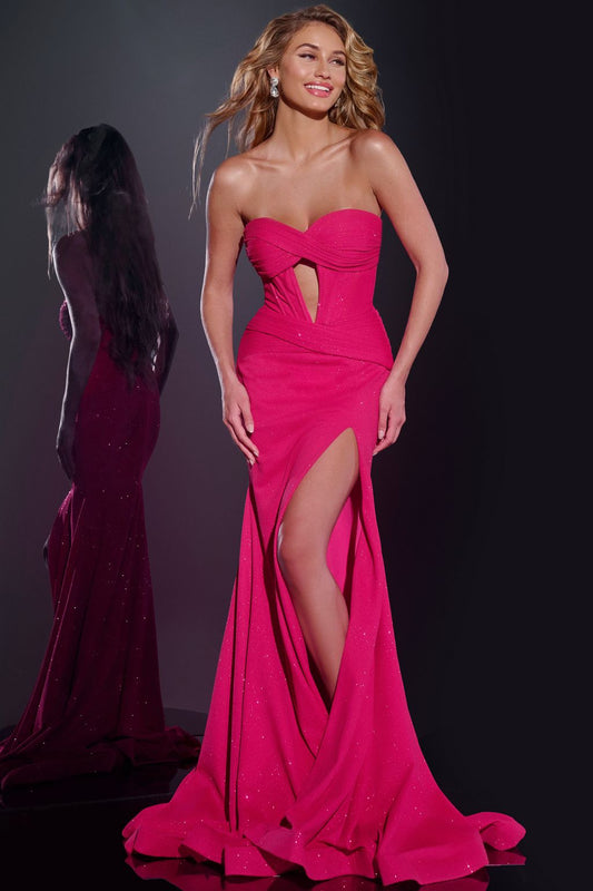 Prom Dresses Long Formal Glitter Detail High Slit Prom Dress Fuchsia