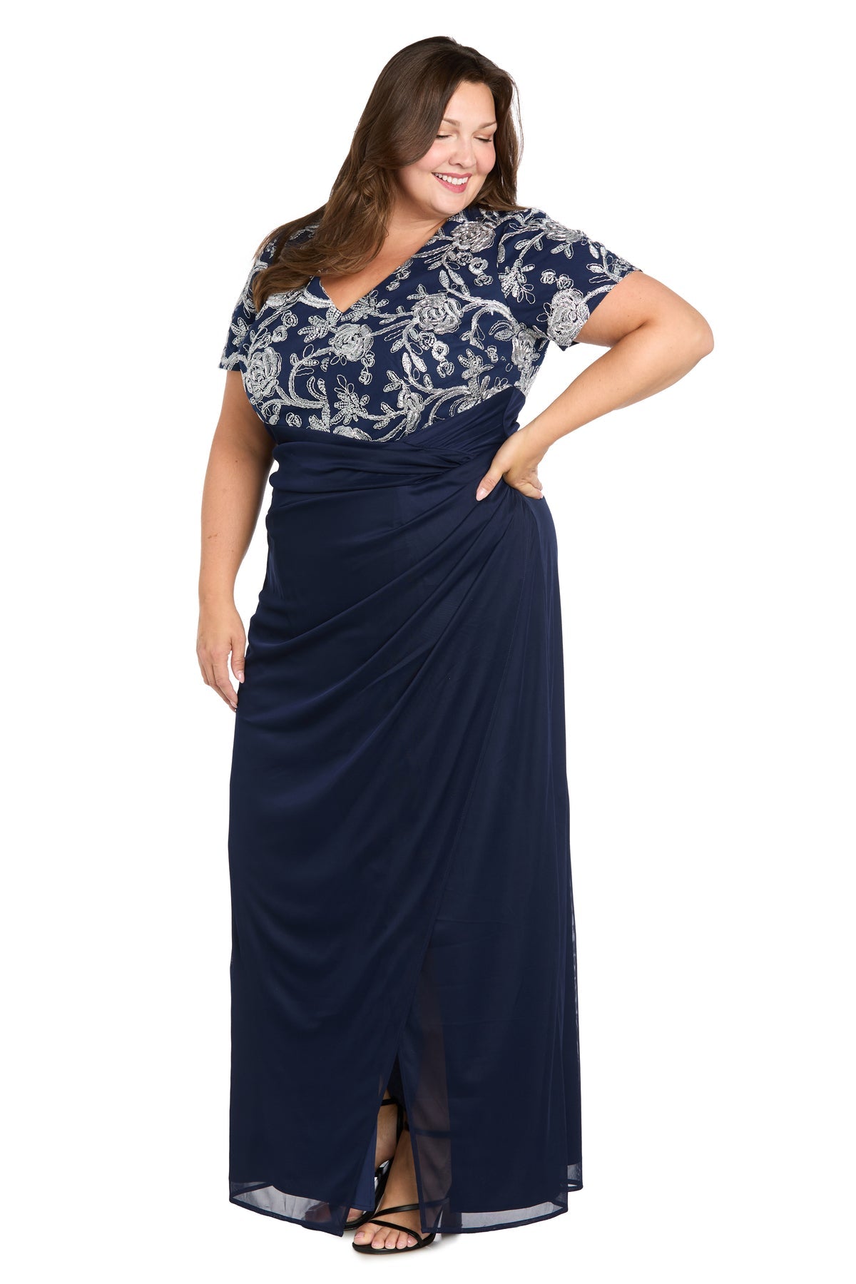 Plus Size Dresses Floral Formal Long Plus Size Dress Navy/Silver