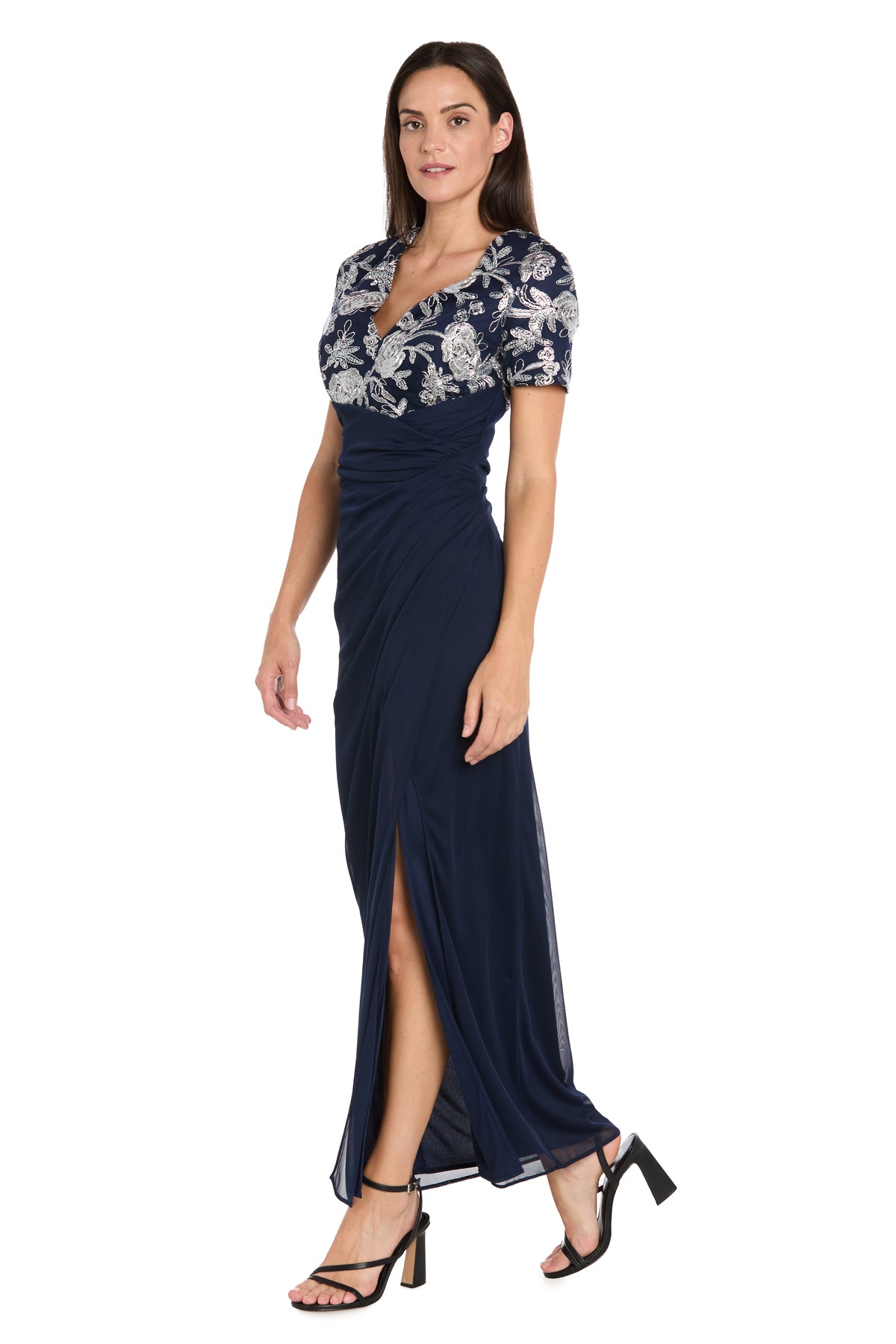 Formal Dresses Floral Beaded Formal Long Petite Dress Navy/Silver