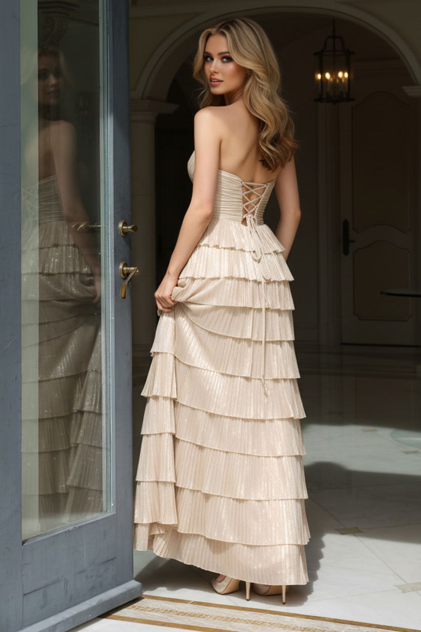 Prom Dresses Long Formal Ruffle Slit Prom Dress Jovani 43161 Beige