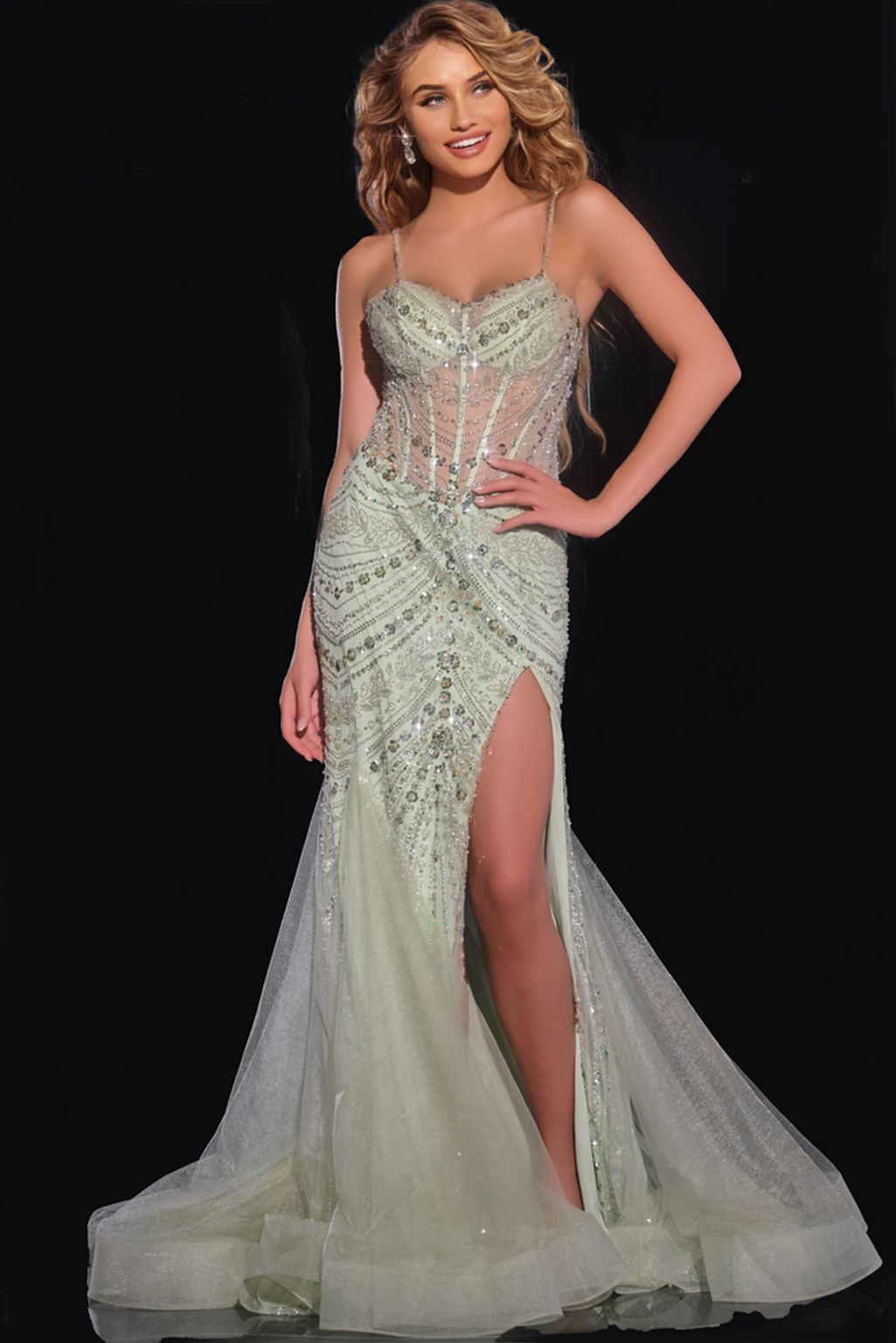 white christmas dresses Glitter Corset Gown with Beaded Stripes & Sheer Tulle Overskirt CDCB158